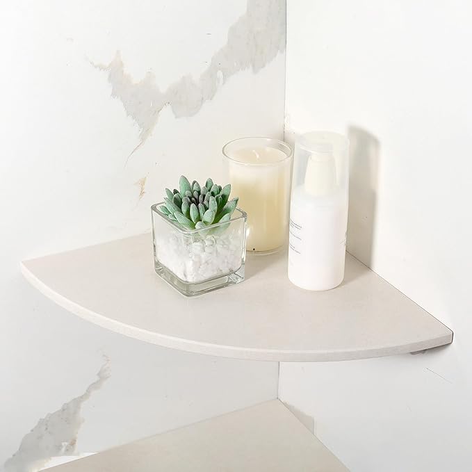 Koville Beige Natural Marble Corner Shower Shelf for Bathroom, 10'' Polished Marble Corner Shelves for Bath, Wall Mounted Stone Corner Shower Caddy, No Drilling Adhesive Shower Shelf - Rigel Yellow