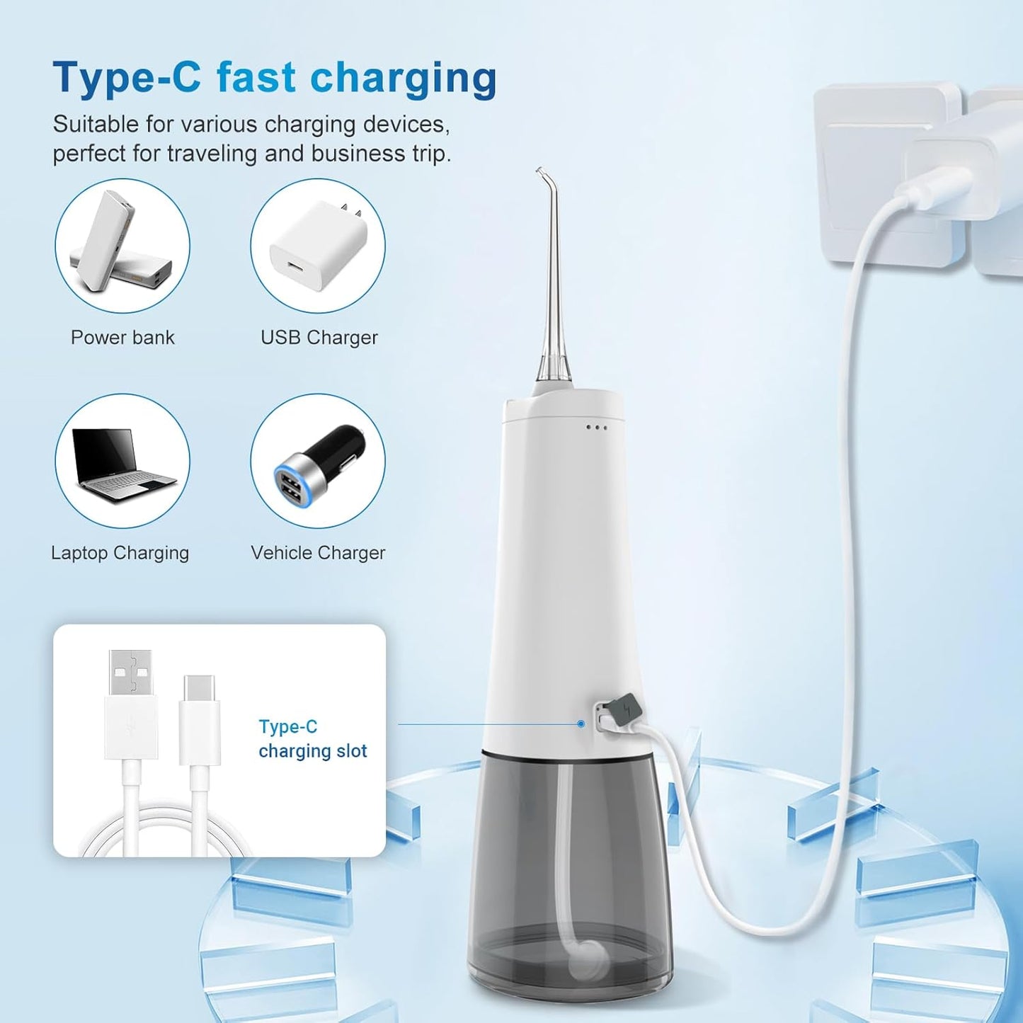 Cordless Water Dental Flosser Oral irrigator,JNGOODS 300ml Rechargeable Water flosser for Teeth IPX7 Waterproof 4 Modes Portable Oral Irrigator with 4 Jet Tips, Travel Home use (White)