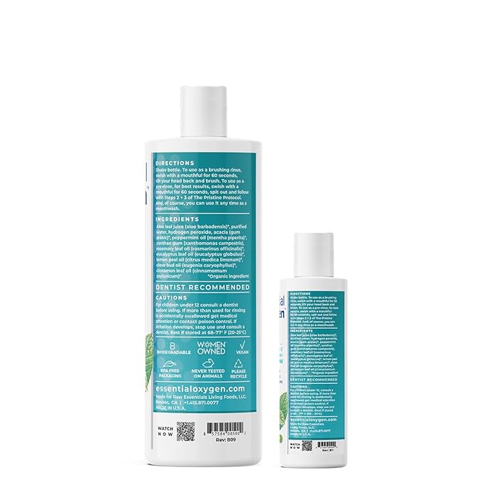 Essential Oxygen, Certified Organic Brushing Rinse, Combo, Peppermint, All Natural mouthwash, Dentist Recommended, Alcohol-Free Oral Care, 1 - 3 fl oz bottle and 1 - 16 fl oz bottle, BR (Pack of 2)