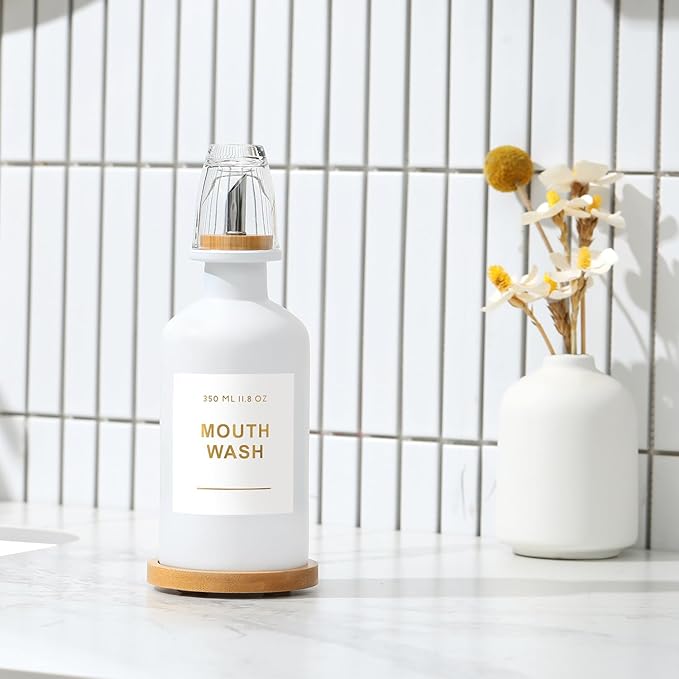 11.8OZ Mouthwash Dispenser for Bathroom with Bamboo & Stainless Steel Pour Spout, Mouthwash Cup Reusable, Bamboo Tray, and Elegant Gold Label. （White