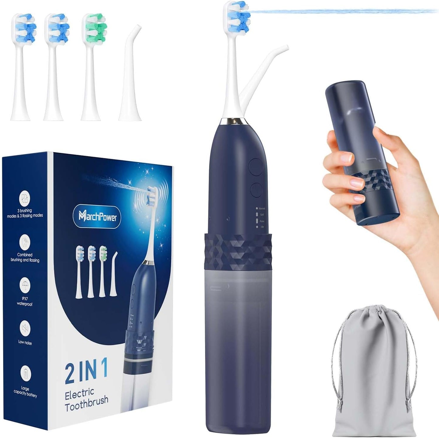 Marchpower Upgraded 2-in-1 Electric Toothbrush with Water Flosser, Ultrasonic Cleaning & 3+4 Smart Modes, Portable Oral Irrigator with Point-Jet, Rechargeable IPX7 Waterproof for Home & Travel Use