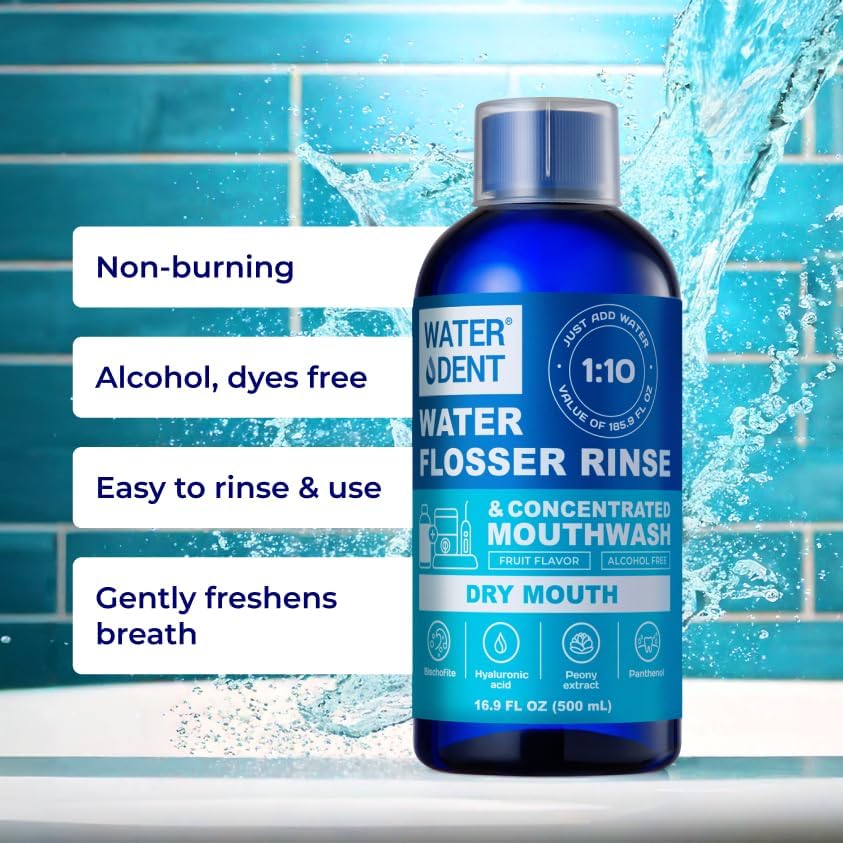 Concentrated Irrigant and mouthwash Dry Mouth | Add to Water Flossers | Fruit Flavor | When dilluted 16.9 fl.oz = 186 fl.oz | Alcohol Free, Fluoride Free. Made in USA (Non-Medical) WATER DENT