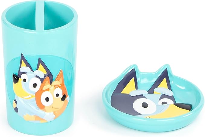 Bluey 2 Piece Bathroom Set - Blue Soap Dish & Toothbrush Holder Set - Kids Bluey and Bingo Resin Bathroom Accessories