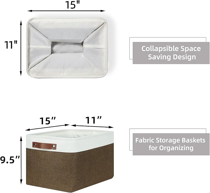 HNZIGE Fabric Storage Baskets (3 Pack) - Decorative Foldable Shelf Baskets with Leather Handles for Organizing Clothes (Brown & White, 15" x 11" x 9.5")