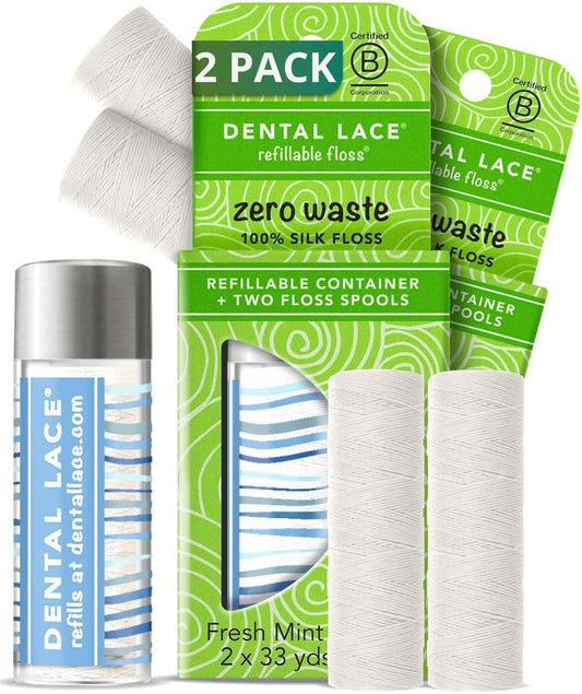Dental Lace Refillable Silk Dental Floss – 100% Silk Floss with Mint Flavor, PFAS & PTFE Free – 1 Refillable Wave Glass Floss Container and 2 Spools (66 Yards) - Recyclable Packaging (Pack of 2)