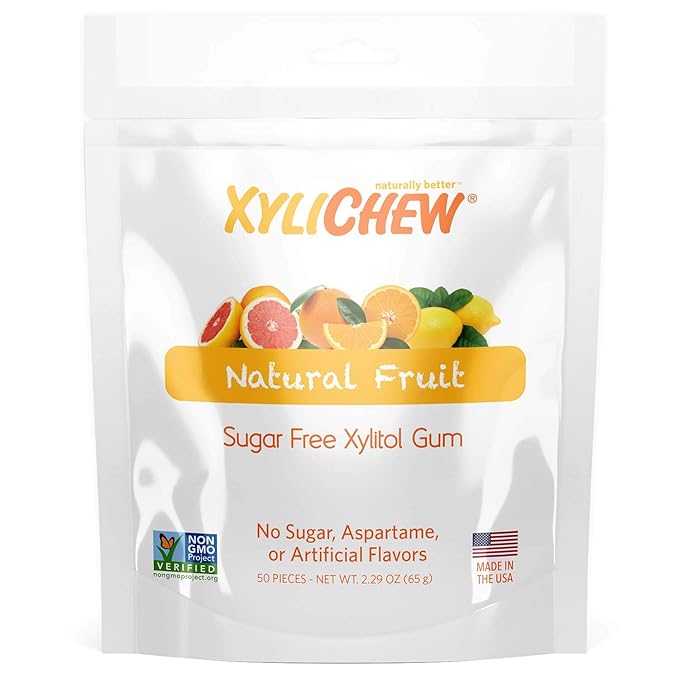 Xylichew 100% Xylitol Chewing Gum - Non GMO, Non Aspartame, Gluten Free, and Sugar Free Gum - Natural Oral Care, Relieves Bad Breath and Dry Mouth - Fruit, 50 Count