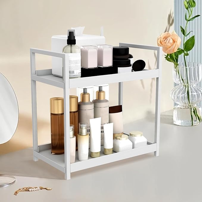 2-Tier Bathroom Counter Organizer with Basket, Vanity Tray Shelf, Bathroom Organizer Countertop, Vanity Organizer Bathroom Tray, Makeup And Skincare Organizers for Vanity, Kitchen Spice Rack (White)