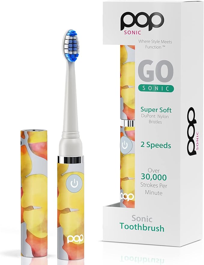 Pop Sonic Electric Toothbrush (Orange Watercolor) - Travel Toothbrushes w/AAA Battery | Kids Electric Toothbrushes with 2 Speed & 15,000-30,000 Strokes/Minute, Dupont Nylon Bristles