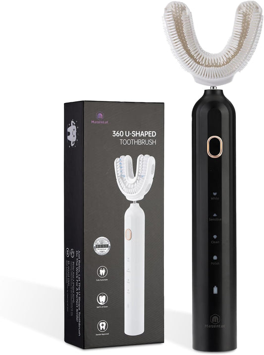 Ultrasonic U-Shaped Toothbrush for Adults, Electric Toothbrush for Teeth Whitening, Automatic 360-degree with Waterproof IPX7, 4 Modes for Cleaning(Black)