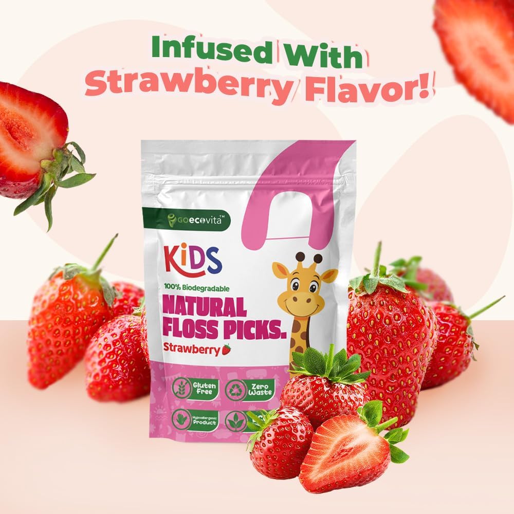 Biodegradable Kids Flossers - Dental Floss Picks for Children | Fluoride & Plastic-Free | Colorful & Fun Animal Floss Sticks | Eco Friendly, Vegan, Natural (Strawberry - 200 Pack)