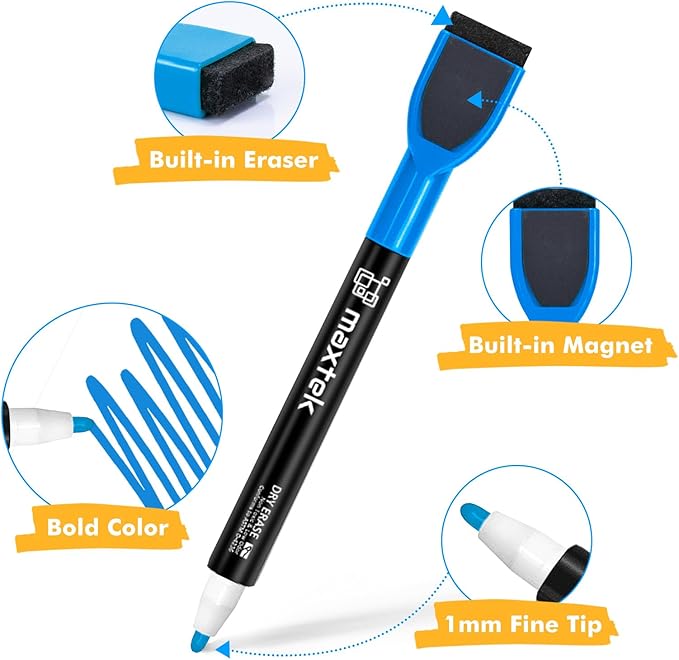 maxtek Magnetic Whiteboard Markers - 12 Count Colorful Fine Tip Dry Erase Markers with Eraser for Kids, Low Odor Thin Markers for Calendar Boards