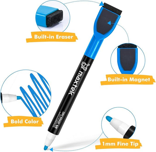 maxtek Magnetic Whiteboard Markers - 12 Count Colorful Fine Tip Dry Erase Markers with Eraser for Kids, Low Odor Thin Markers for Calendar Boards