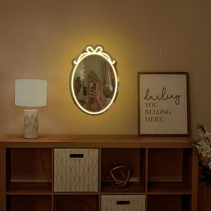 LED Mirror Neon Lights Light Up Dressing Mirror Cat/Shine Heart/Bat/Butterfly Shape Neon Mirror Sign for Modern Home Girl Room Bathroom Salon Wall Art Decor Gift For Girlfriend USB Powered