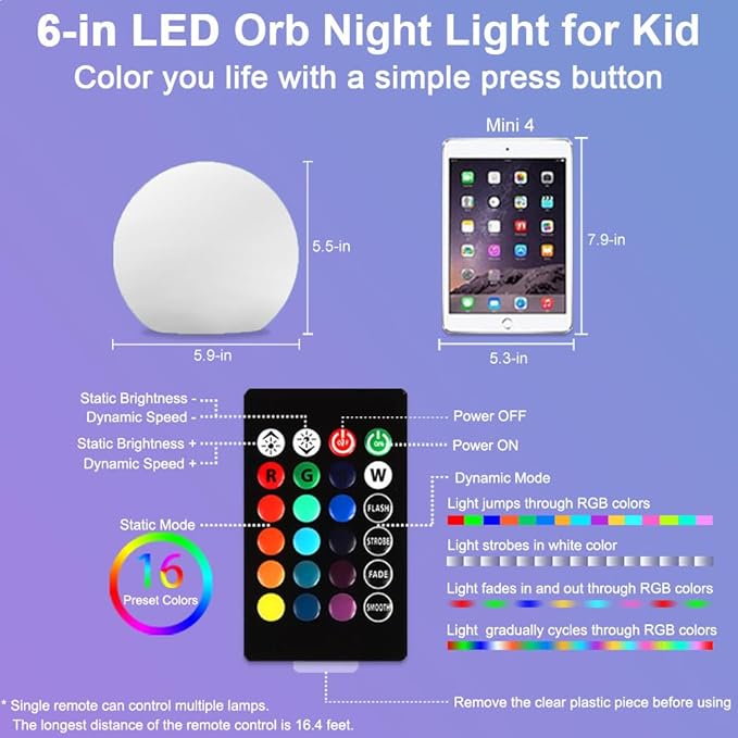 6-in Cordless LED Globe Orb Light for Kids, RGB Color Changing Orb Night Light Mood Lamp w/Remote, Rechargeable LED Ball Night Light Sphere Bedside Lamp, Ideal for Home Garden Patio Party Bar Decors