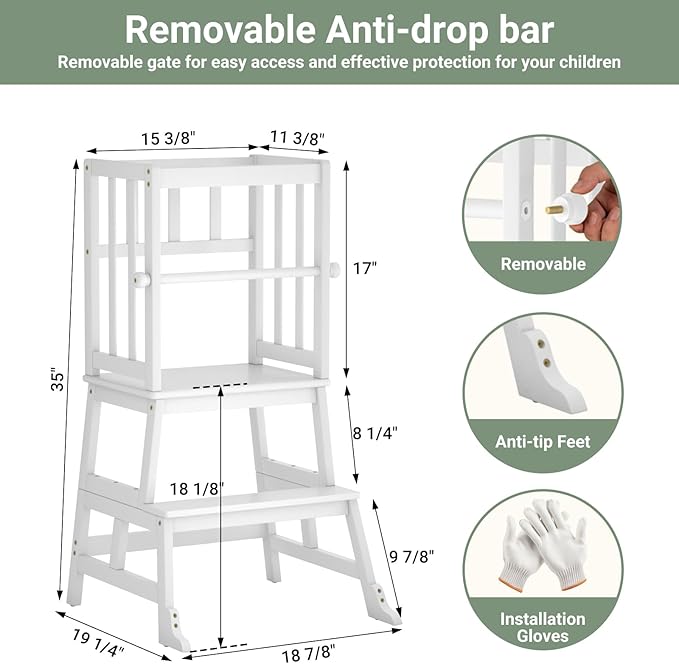 COSYLAND Kids Kitchen Step Stool Helper with Gloves Removable Anti-Drop Railing Safety Rail, Non-Slip Mat Standing Tower Stepping Stool for Toddlers Bathroom Sink Counter Learning 1.5-3 Years White