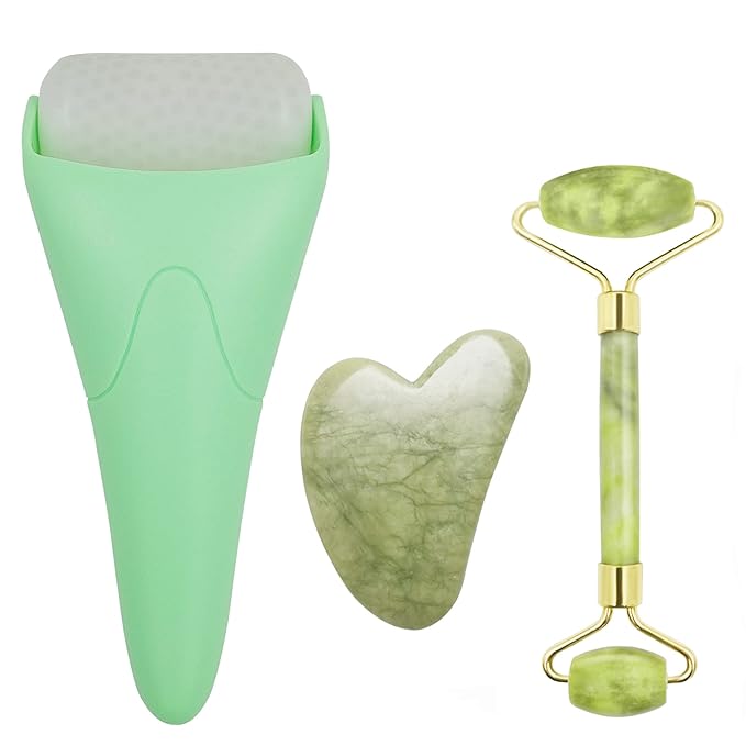 Chikoni 3 in 1 Ficial Face Ice Jade Roller and Gua Sha Tool, Natural Real Jade Anti-Wrinkle Face Eye Neck Massager Tool, Reduce Wrinkles, Puffiness, Migraine, Redness, Pain and Injury, Green