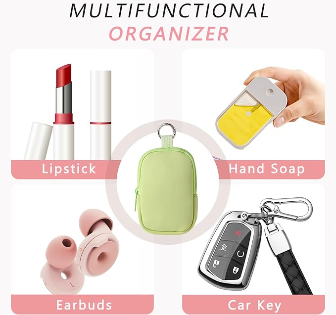 2Pcs Small Makeup Bag, Mini Portable Travel Cosmetic Bag, Soft Neoprene Makeup Pouch with Zipper, Fashion Accessory with Snap Hook, Cute Coin Purse Lipstick Cosmetic Travel Organizer(Black+ Green)