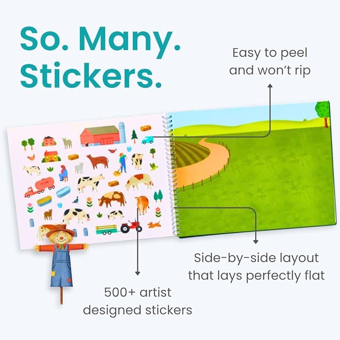 Cupkin Farm Animal Sticker Book Activity for Kids, Toddler Airplane Travel Essentials, 500+ Horse Stickers for Kids + 12 Scenes + 12 Coloring Book Pages, Cow Lover Children's Gift, Crafts Ages 2-8