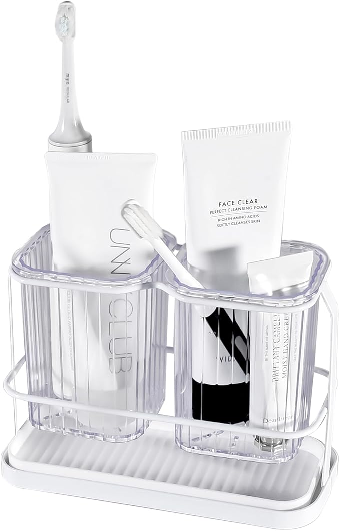 KONE Clear Toothbrush Holders for Bathroom, 2 Cups Wall Mounted, Dry & Wet Separation, Organizers and Storage Set for Family Kids