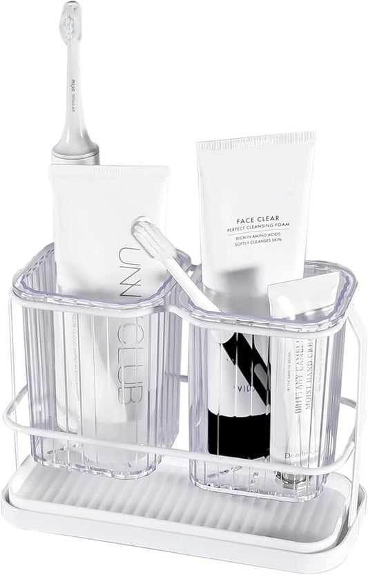 KONE Clear Toothbrush Holders for Bathroom, 2 Cups Wall Mounted, Dry & Wet Separation, Organizers and Storage Set for Family Kids