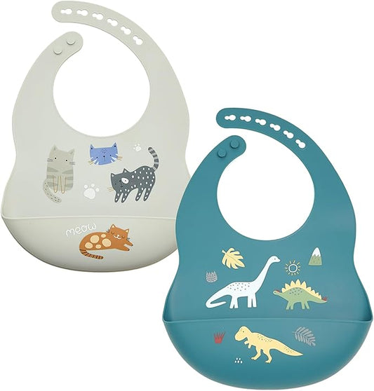 Baby Silicone Bibs 2 Sets Baby Bibs with Food Catcher for Girls Boys Toddlers BPA Free Waterproof Soft Durable