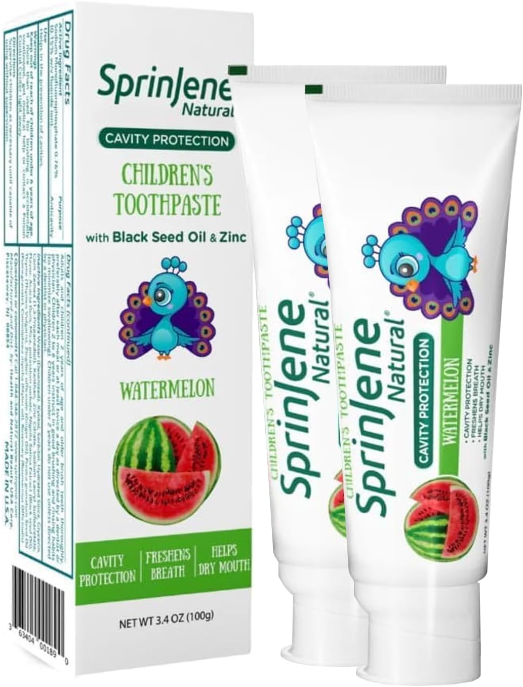SprinJene Natural Children’s Toothpaste – Watermelon Fluoride Toothpaste for Kids & Toddlers – Cavity Protection – Safe Natural Formula with Patented Black Seed Oil & Zinc – Made in The USA (2 Pack)