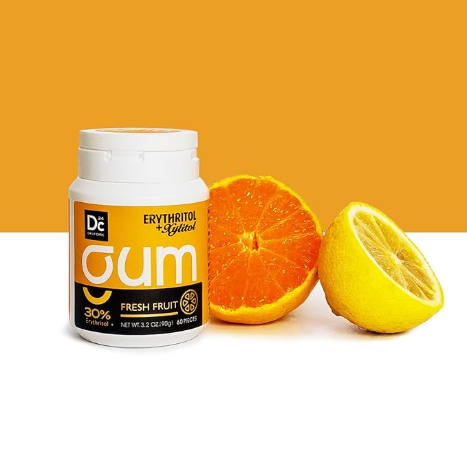 DC24 DAILY CARE Xylitol Gum, Aspartame Free & Sugar Free Chewing Gum for Dry Mouth, Low-Calorie with Erythritol, Sugarless, Fresh Fruit Flavor, 60-Piece Pack, 4 Packs