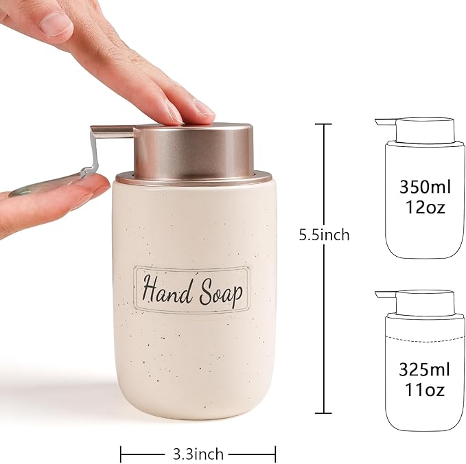 BosilunLife Apricot Soap Dispenser Set - 2 Pack 12oz Ceramic Dish Soap Dispenser with Rust Proof Pump for Kitchen, Hand Soap and Lotion Set Suitable for Farmhouse Bathroom Decor with Waterproof Labels
