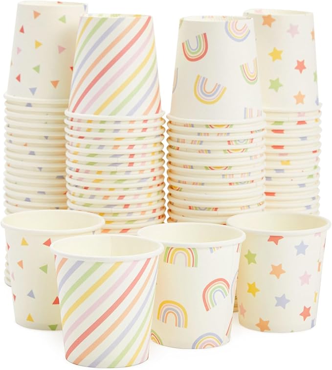 Sparkle and Bash 100 Pack 4 Oz Mini Disposable Paper Cups for Espresso, Mouthwash, Tea, Coffee - Rainbow