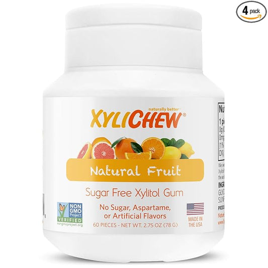 Xylichew 100% Xylitol Chewing Gum - Non GMO, Non Aspartame, Gluten Free, and Sugar Free Gum - Natural Oral Care, Relieves Bad Breath and Dry Mouth - Fruit,60 Count (Pack of 4), 240 Count