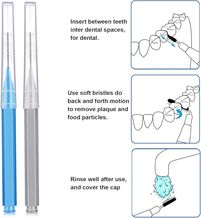 Patelai 100 Pieces Braces Brush for Cleaner Interdental Brush Toothpick Dental Tooth Flossing Head Oral Dental Hygiene Flosser Toothpick Cleaners Tooth Cleaning Tool(Blue, Grey,Mixed Sizes)