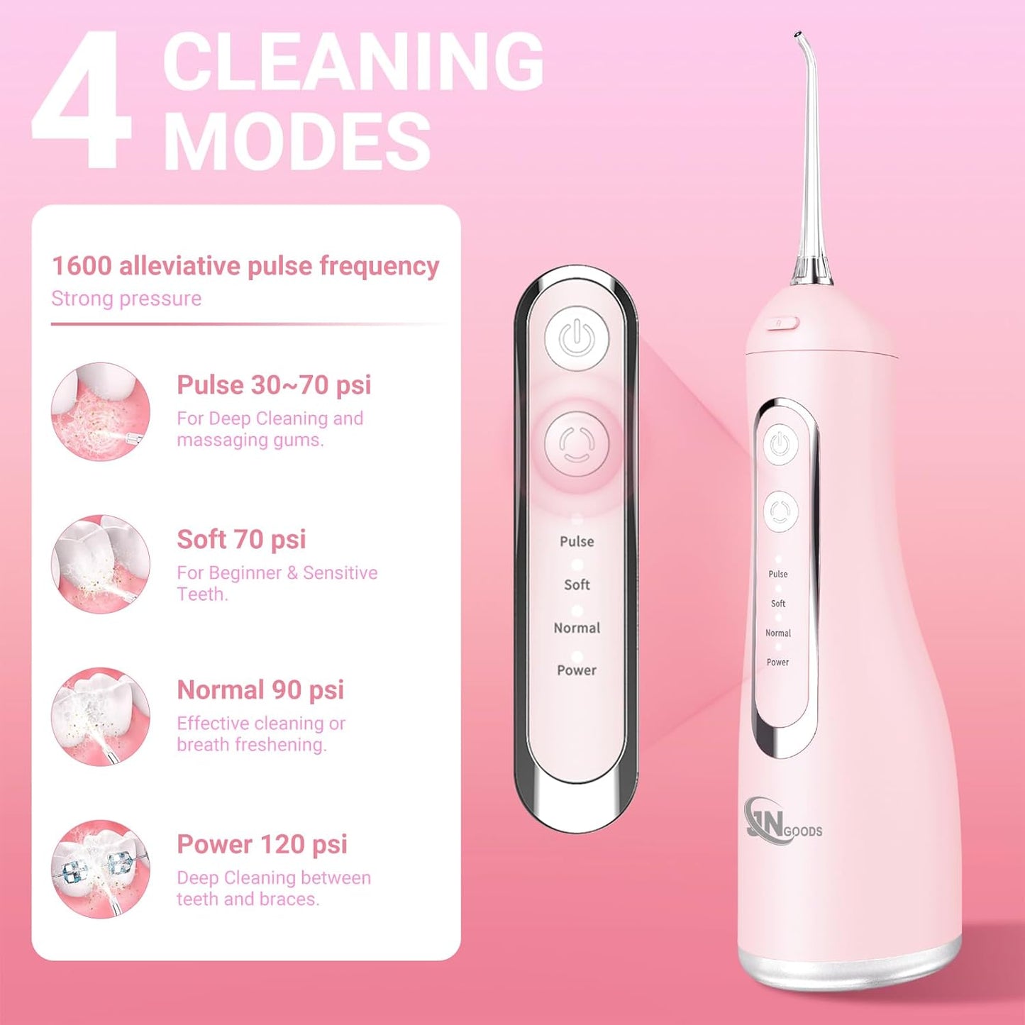 Cordless Water Dental Flosser Oral irrigator,JNGOODS 300ml Rechargeable Water flosser for Teeth IPX7 Waterproof 4 Modes Portable Oral Irrigator with 4 Jet Tips, Travel Home use (Pink)