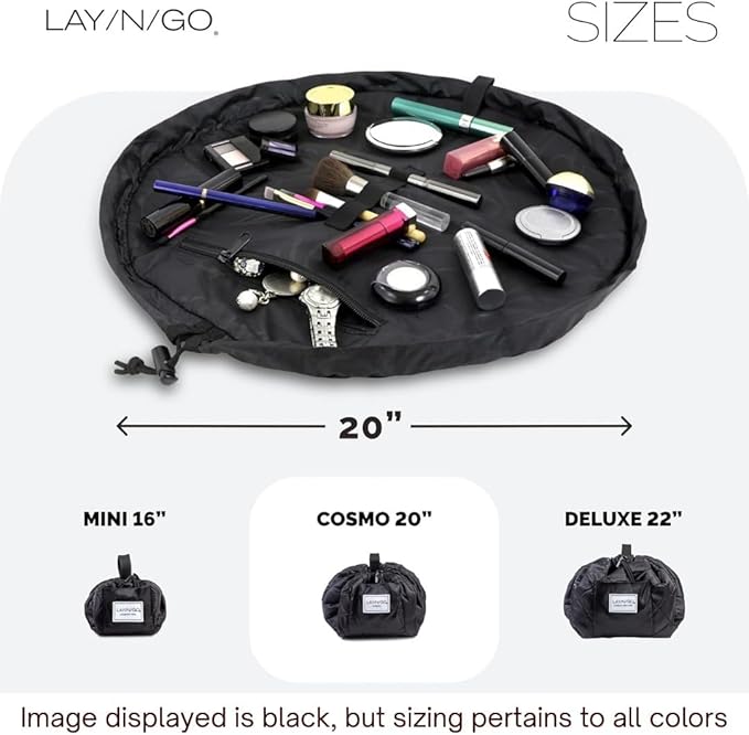 Lay-n-Go Cosmo Layflat Drawstring Cosmetic & Makeup Bag Organizer - Portable Drawstring Bag w/Zipper Pocket, Makeup Loops & More - Durable, Machine Washable Toiletry Bag for Travel (20", Quilted)