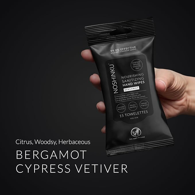 Noshinku – Bergamot Hand Sanitizer Wipes, 6-Pack (90 Towelettes) – Resealable Travel Wipes with Ethyl Alcohol, Aloe & Green Tea, Plant-Based Fiber, Essential Oil Scents, Cruelty-Free & No Dyes