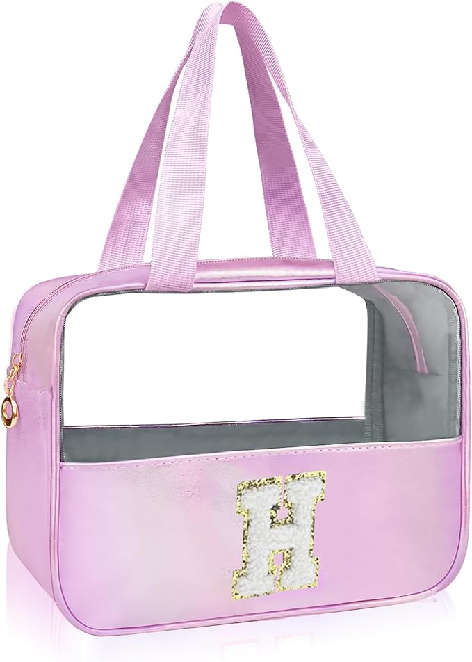 Personalized Initial H Clear Purple Makeup Bag - Large Travel Toiletry Bag, Cute Cosmetic Organizer Set for Girlfriend, Teacher, Teen Girl Gifts