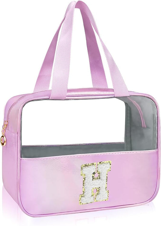 Personalized Initial H Clear Purple Makeup Bag - Large Travel Toiletry Bag, Cute Cosmetic Organizer Set for Girlfriend, Teacher, Teen Girl Gifts