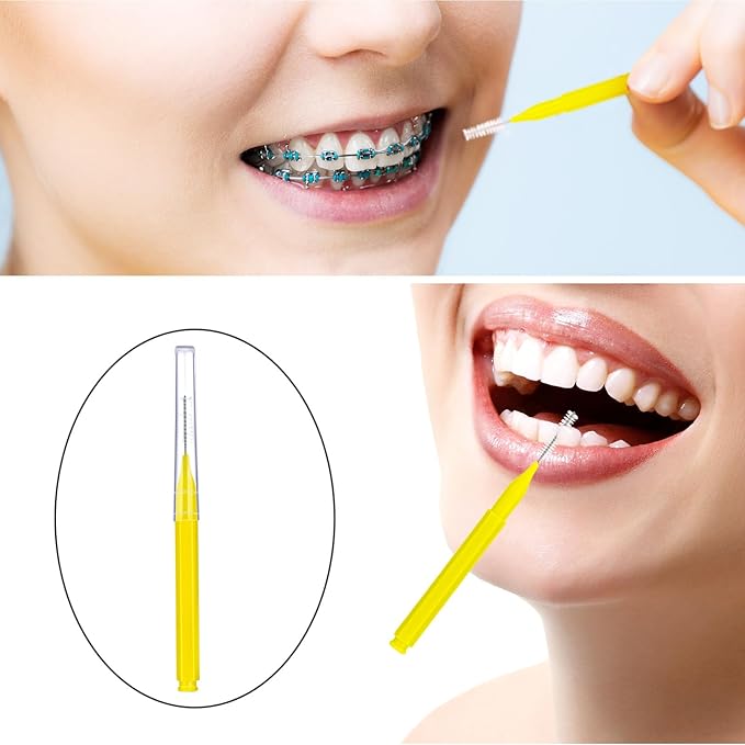 Patelai 100 Pieces Braces Brush for Cleaner Interdental Brush Toothpick Dental Tooth Flossing Head Oral Dental Hygiene Flosser Toothpick Cleaners Tooth Cleaning Tool(Yellow,Portable Size)