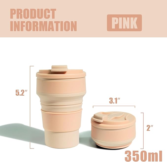 Collapsible Cup for Traveling, 12Oz Collapsible Silicone Travel Cup for Hot and Cold Drinks, Leak Proof Reusable Folding Travel Coffee Mug for Camping & Hiking, Pink