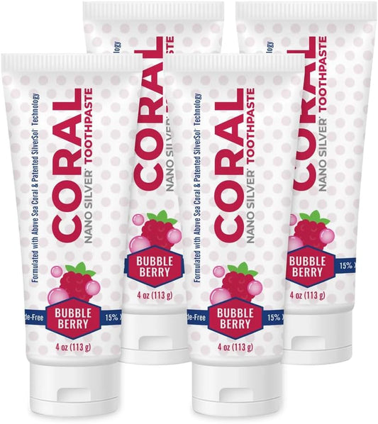 Coral Nano Silver Bubble Berry Kids Toothpaste, Natural Fluoride Free Teeth Whitening Toothpaste, Coral Calcium Nano Silver Infused SLS Free - 4 Ounces (4 Pack)