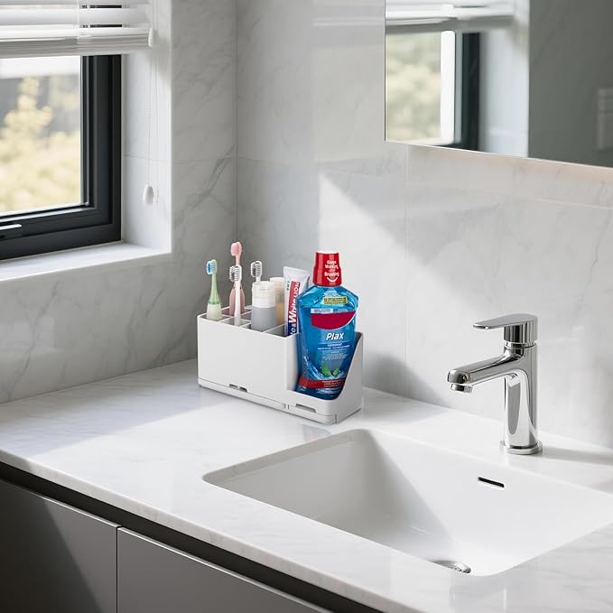 Toothbrush Holder for Bathroom Organizer with Diatom mud Board，Detachable 8 Slots Kids Electric Toothbrush Holder and Toothpaste Stand for Countertop Accessories Storage (White)