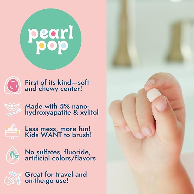 Toothpaste Pearls, Chewy Fluoride Free Toothpaste for Kids & Adults, Stocking Stuffer, Mess-Free Travel Tooth Paste Alternative Made with Nano-Hydroxyapatite & Xylitol, Bubble Gum, 65ct