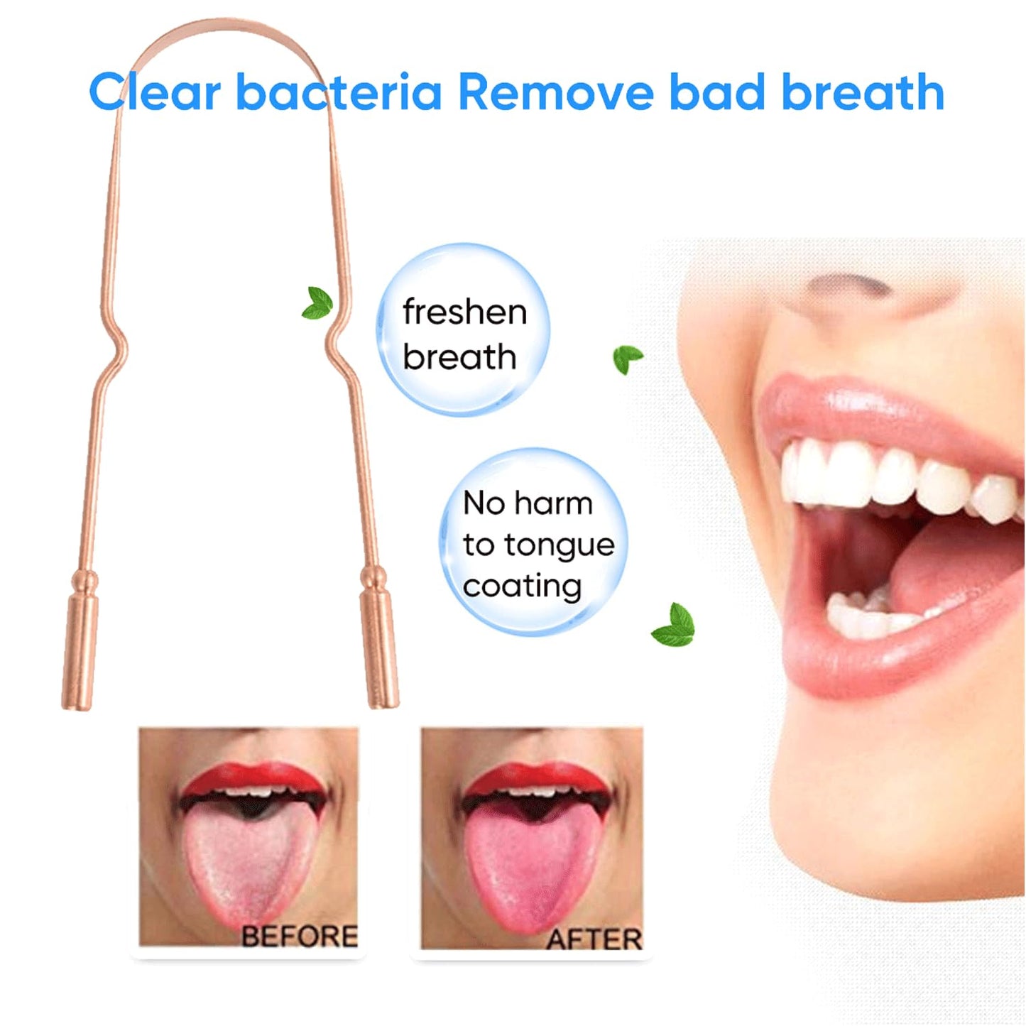 Copper Tongue Scraper (2 Pack), Tongue Cleaner for Reduce Bad Breath, Tongue Scrapers for Adults & Kids, 100% Copper Metal Tongue Scrubber Set for Oral Care & Easy to Use (round-bead)
