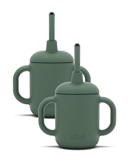 Lalo Little Cup 2-Pack, Non-Toxic Silicone Straw Cup with Handles - Baby and Toddler Sippy Cup - Mini Cup and Straw Training System, 4oz, Olive