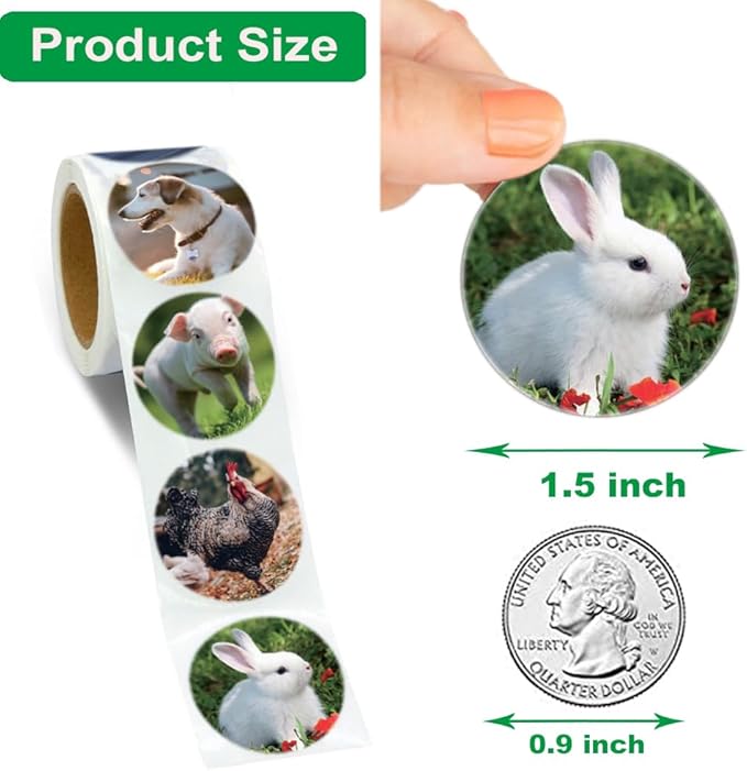 Farm Animal Stickers Roll for Kids 600Pcs Round Farm Animals Label Stickers for Boys Girls Birthday Party Favors Gifts Decoration Teachers Student Classroom Reward 1.5 Inch