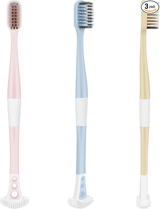 B Rush Extra Soft Toothbrush with Tongue Scraper - Tongue Scrubber with Flossing Bristles for Sensitive Teeth and Gums, Dental Travel Hygiene Brush Fresh Breath for Both Adults and Kids (Pack of 3)