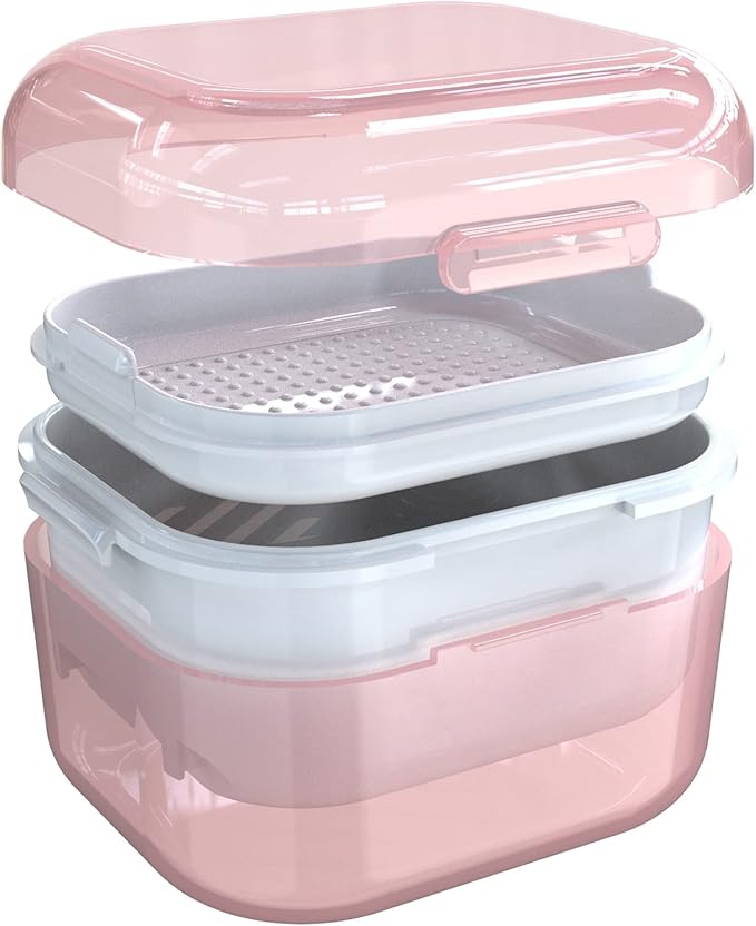 ARGOMAX Denture Case, Denture Cup for Soaking Dentures(Not Leak-Proof), Thorough Cleaning of Dentures, Retainer, Mouthguards, Clear Braces (Pink).