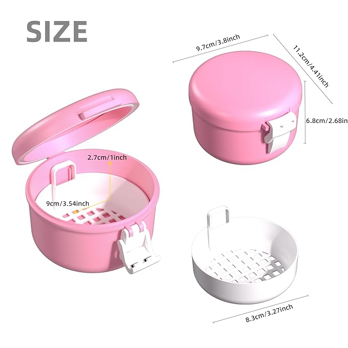ARGOMAX Leak Proof Retainer Cleaner Case, Denture Cups for Soaking Dentures, Denture Travel Case (Pink+White).