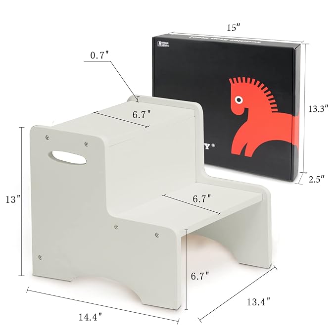 WOOD CITY Wooden Toddler Step Stool for Kids, Grey Two Step Children's Stool with Handles, Bonus Non-Slip Pads for Safety, Bathroom Potty Stool & Kitchen Step Stools Dual Height…