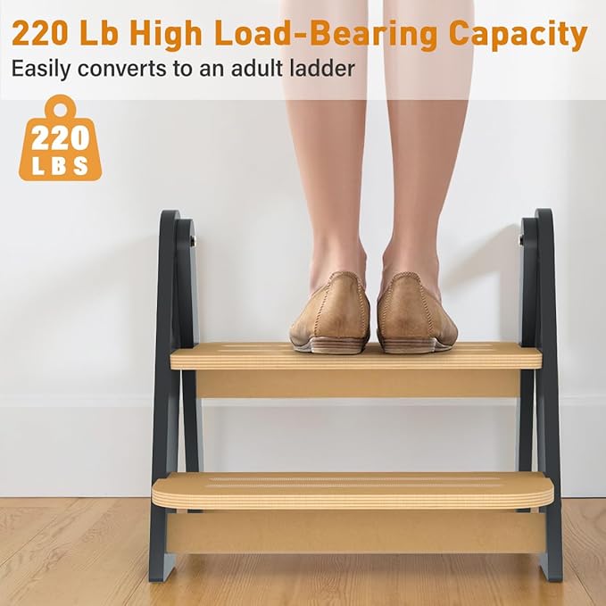 Toddler Step Stool, Wooden Height-Adjustable 2 Step Stool for Kids, 2 in 1 Potty Training Stool with Safety Handles Non-Slip Pads for Bathroom Sink, Kitchen, Bedroom (Grey, Foldable)