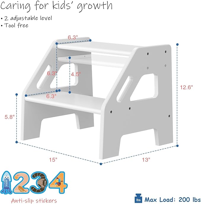White Wood Toddler Step Stool for Bathroom Sink, 2 Step Kids Stool for Toilet Potty Training, Baby Child Stepping Stool with Handles for Toddlers Nursery Kitchen Counter (White)